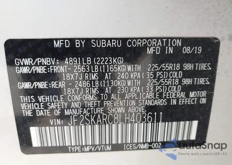 2020 Subaru Forester Sport from USA, damaged, VIN JF2SKARC8LH403611
